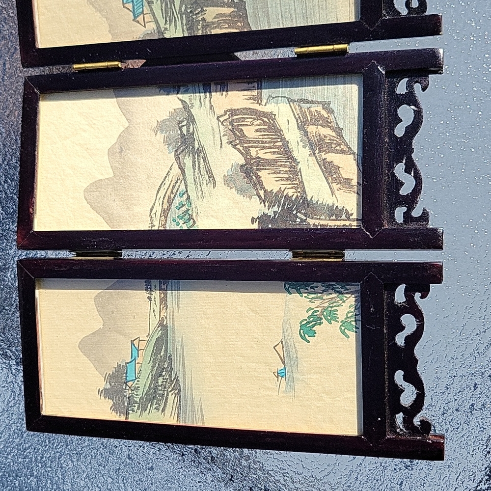 Vintage Chinese 4 Panel Mini Screen Artist Hand Painted Silk Lacquer Wood Glass - Picture 10 of 13